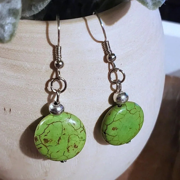 Handcrafted Silver and Green Magnesite Gemstone Puffed Coin Dangle Earrings - Picture 2 of 7
